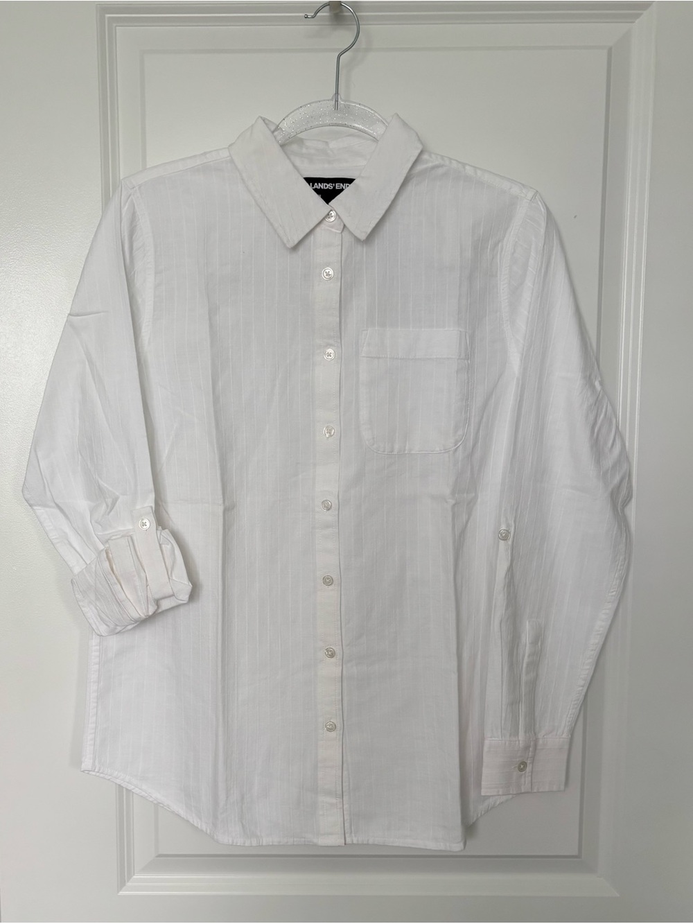 Lands’ End Women’s White Roll Tab Button Down Shirt Size S